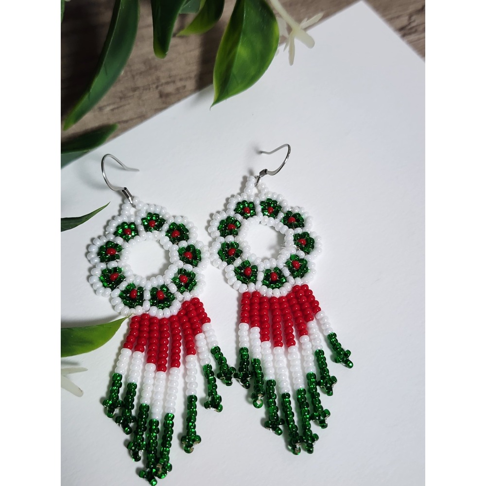 Flowered Beaded Mexican Flag Design Chandelier Earrings.